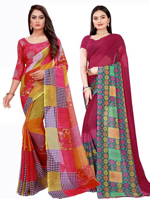 women's printed multi colored saree with blouse - 20210186 - Very Small Image - 1
