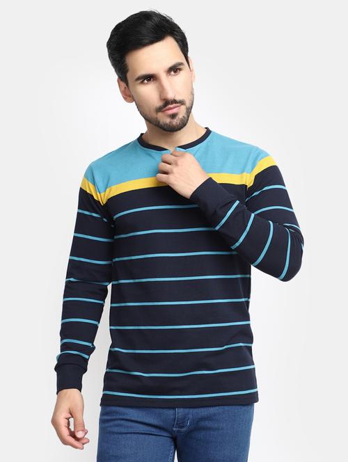 men navy blue striped regular fit henleys neck t-shirt - 20277925 - Very Small Image - 1