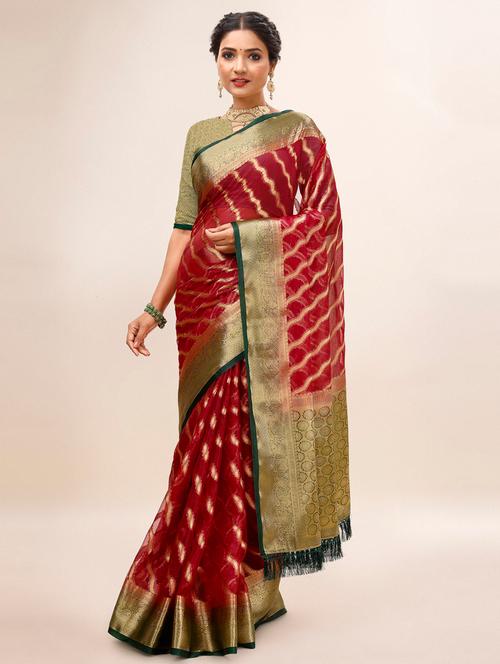golden zari laheriya bordered saree - 20280580 - Very Small Image - 1