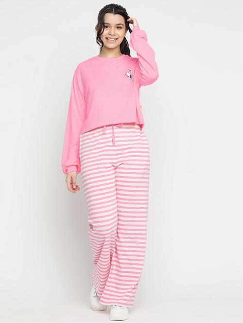 girls pink striped printed top & pyjama set - 20283101 - Very Small Image - 1