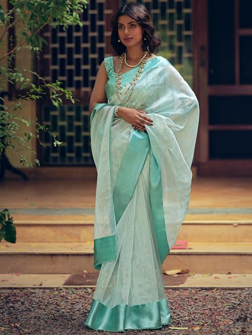 women's stripes turquoise colored saree with blouse - 20303148 - Very Small Image - 1