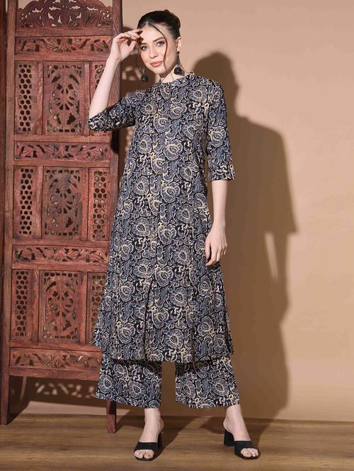 women blue block print kurta & palazzos set - 20303690 - Very Small Image - 1