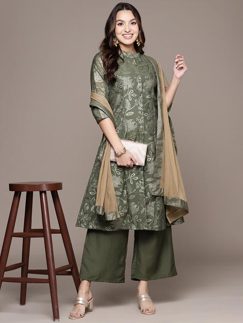 women olive kurta palazzo set with dupatta - 20314476 - Very Small Image - 1