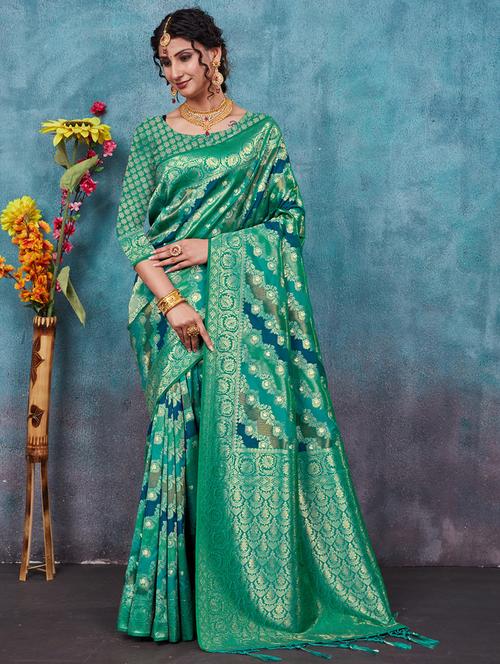 turquoise colored banarasi saree with blouse - 20363376 - Very Small Image - 1
