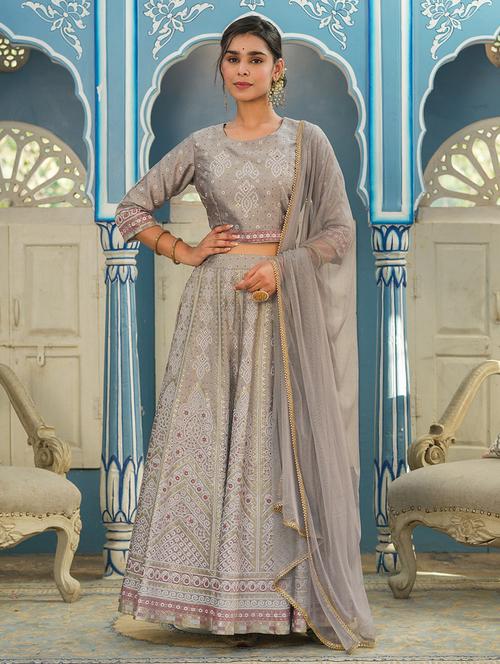 grey printed flared stitched lehenga - 20376735 - Very Small Image - 1