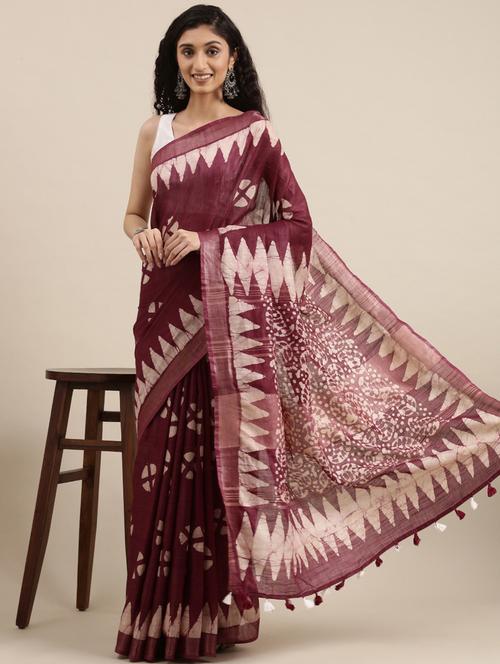 women's printed maroon colored saree with blouse - 20405944 - Very Small Image - 1