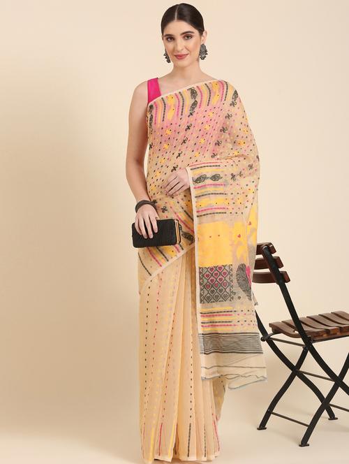 women's self design cream colored saree with blouse - 20406069 - Very Small Image - 1