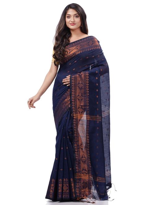 women's self design navy blue colored saree with blouse - 20427196 - Very Small Image - 1