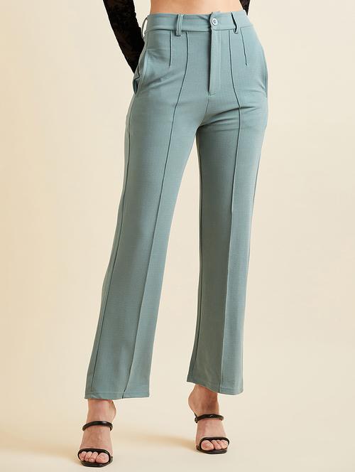 women solid sea green detailed trouser - 20428385 - Very Small Image - 1