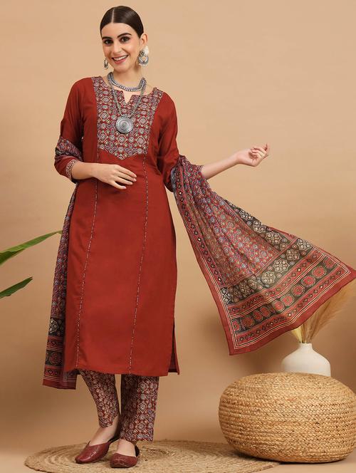 red three quarter sleeve kurta pant set - 20484104 - Very Small Image - 1