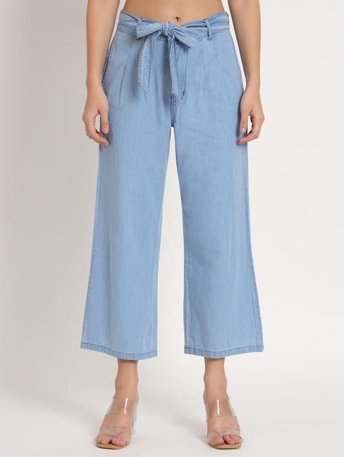 women light blue solids calf length trousers - 20485999 - Very Small Image - 1
