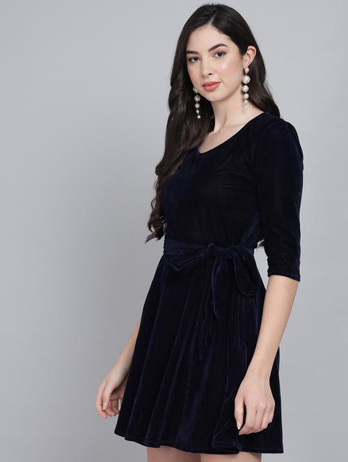 navy blue solid a-line dress - 20497720 - Very Small Image - 1