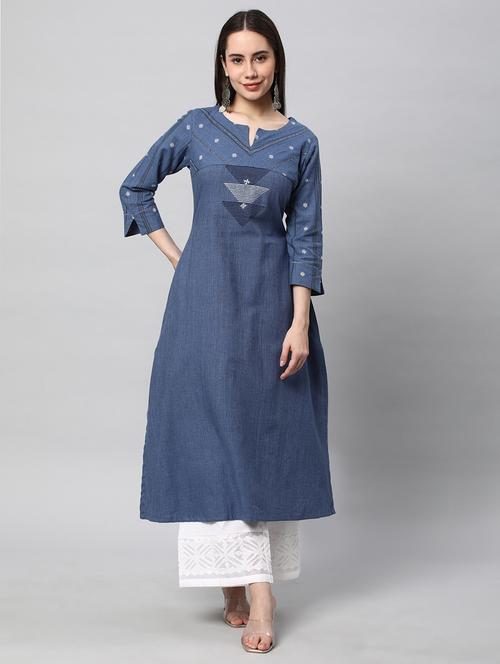 blue three quarter sleeve a-line kurta - 20512803 - Very Small Image - 1