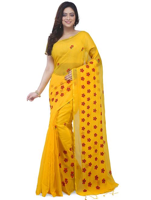 yellow solid with work saree with blouse - 20614417 - Very Small Image - 1