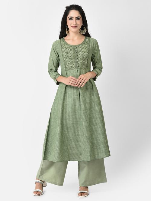 women green round neck a-line kurta - 20621701 - Very Small Image - 1