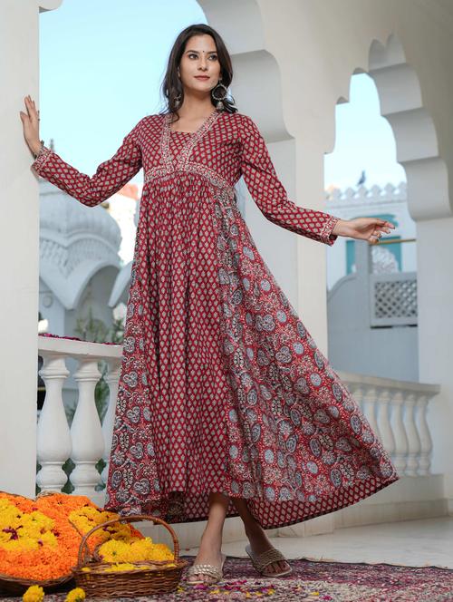 maroon floral printed a-line ethnic dress - 20754858 - Very Small Image - 1