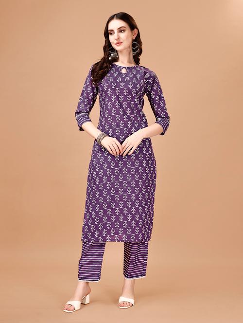 wome purple key hole neck kurta pant set - 20982526 - Very Small Image - 1
