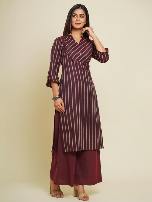 women maroon mandarin neck kurta palazzo set - 21016693 - Very Small Image - 1
