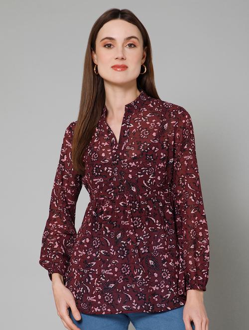 maroon floral printed detailed casual top - 21072185 - Very Small Image - 1