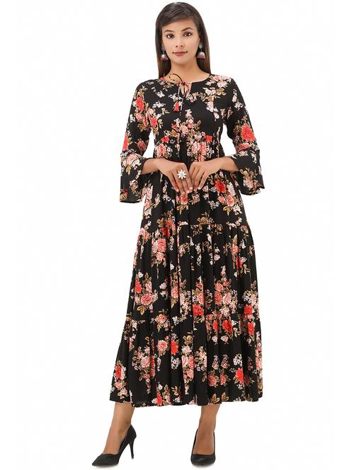 women black florals printed flared ethnic dress - 21232108 - Very Small Image - 1
