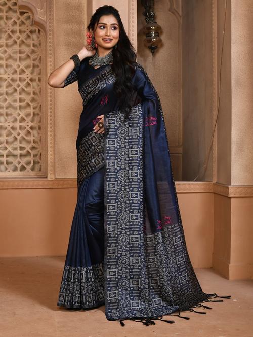 navy blue silk blend bhagalpuri saree with blouse - 21320913 - Very Small Image - 1