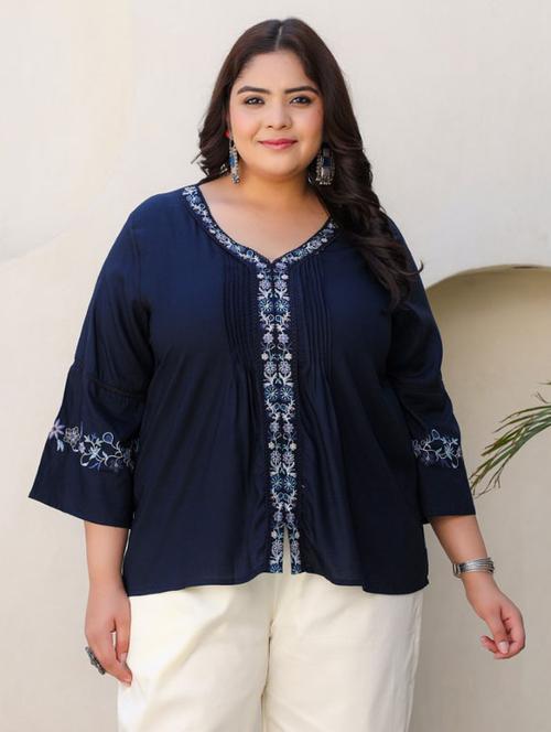 women navy blue rayon plus size tunic - 21337687 - Very Small Image - 1