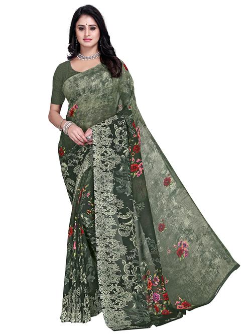 women green floral printed saree with blouse - 21412716 - Very Small Image - 1