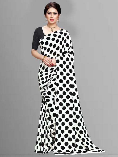 women white polka dots printed saree with blouse - 21413557 - Very Small Image - 1