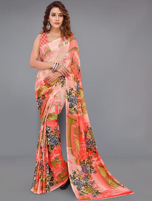 women peach floral printed georgette saree with blouse - 21431695 - Very Small Image - 1