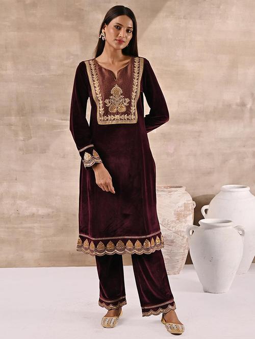 women burgundy velvet kurta palazzo set - 21451698 - Very Small Image - 1
