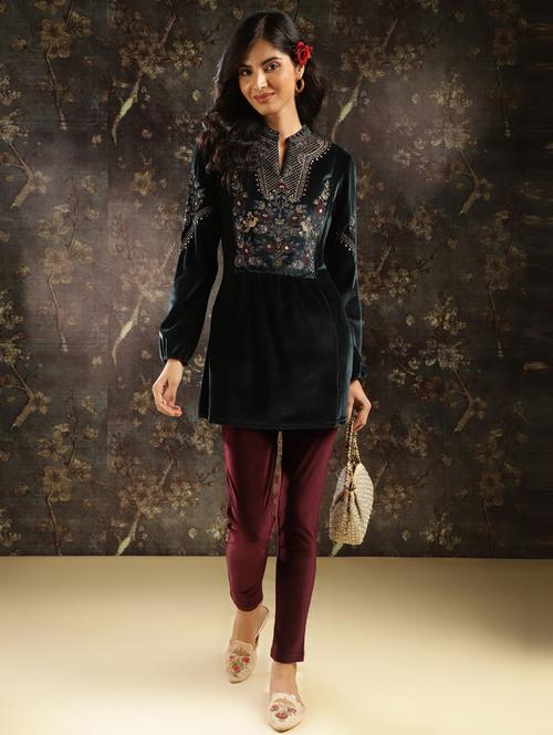women bottle green embroidered long sleeve kurti - 21452089 - Very Small Image - 1