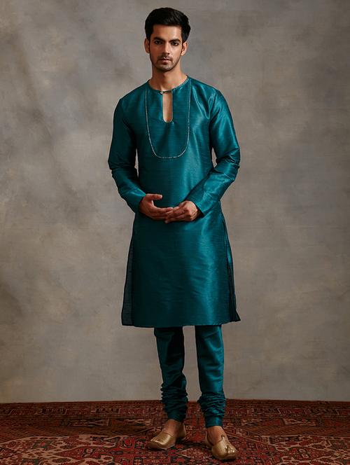 men turquoise solid long kurta - 21459492 - Very Small Image - 1