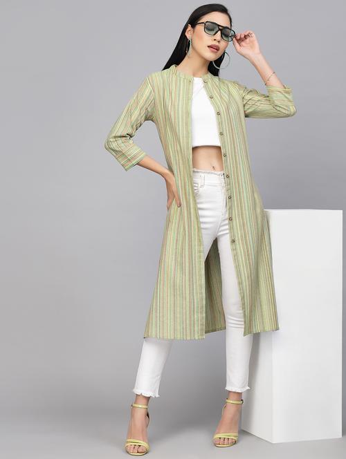 women striped three quarter sleeve long shrug - 21481453 - Very Small Image - 1