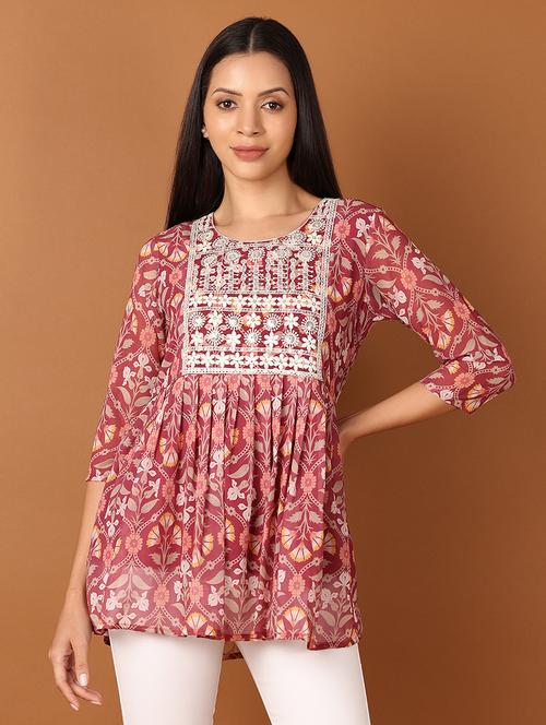 women maroon floral printed flared kurti - 21521222 - Very Small Image - 1