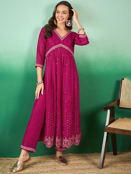 women pink v neck kurta pant set - 21531270 - Very Small Image - 1