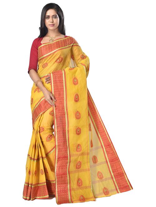 yellow self design handloom saree - 21537200 - Very Small Image - 1