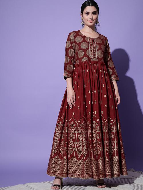 women maroon foil printed anarkali kurta - 21549929 - Very Small Image - 1