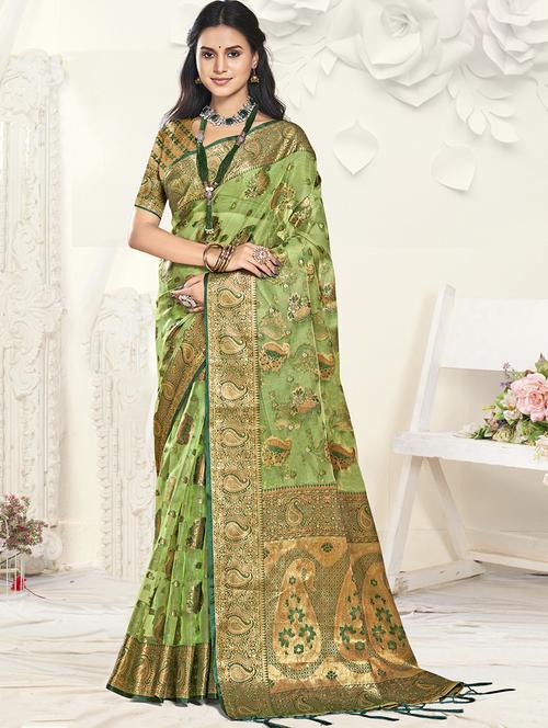 green organza handloom saree with blouse - 21551397 - Very Small Image - 1