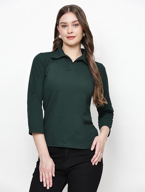 women green solid collared neck top - 21570880 - Very Small Image - 1