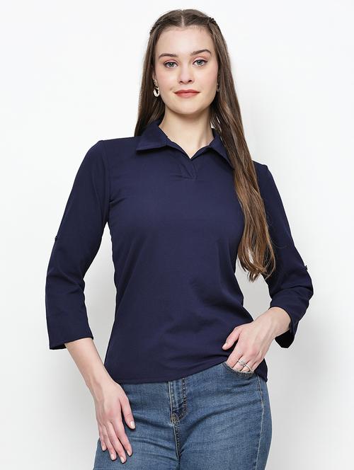 women blue solid collared neck top - 21570881 - Very Small Image - 1