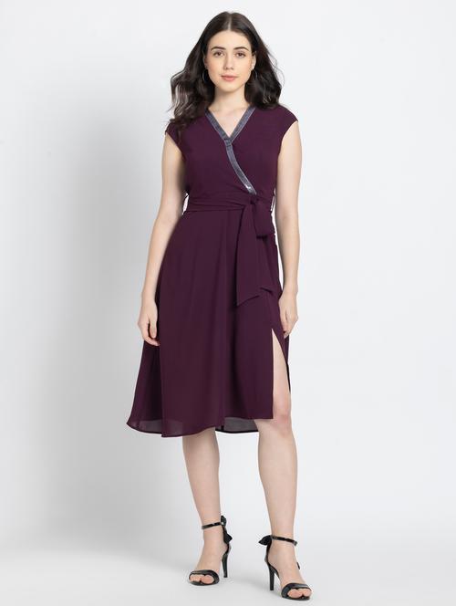women solid cap sleeve overlap neck a-line dress - 21572765 - Very Small Image - 1