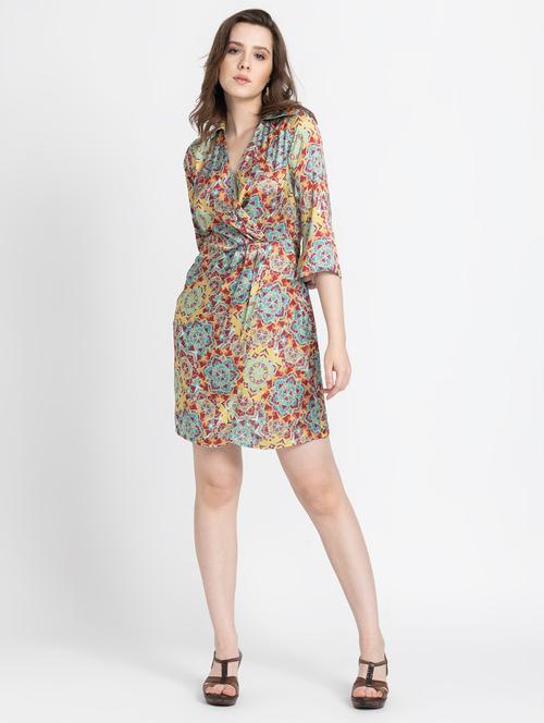 women printed collared bell sleeve wrap dress - 21572780 - Very Small Image - 1