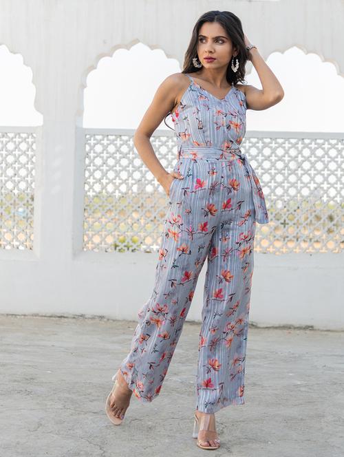 women grey floral printed shoulder strap full leg jumpsuit - 21573621 - Very Small Image - 1