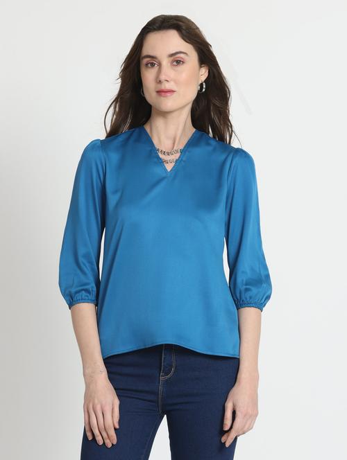 women blue solid puff sleeve top - 21584762 - Very Small Image - 1