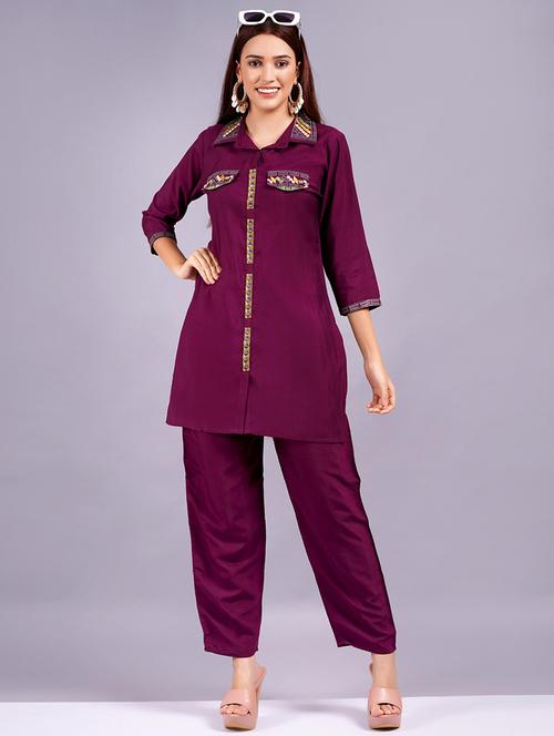 women purple embroidered ethnic co-ord set - 21618338 - Very Small Image - 1