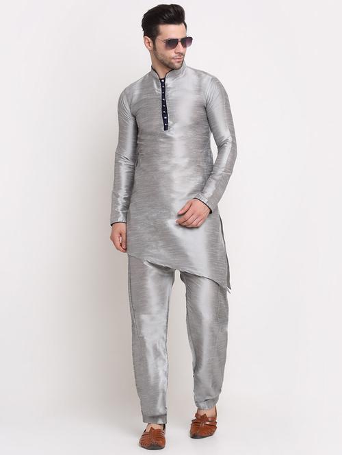 men solid asymmetri kurta with trousers ethnic wear set - 21621530 - Very Small Image - 1