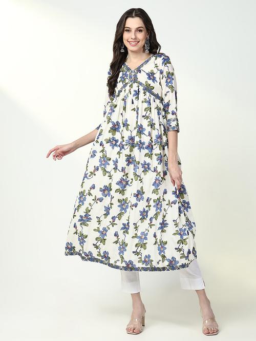 women white floral printed three quarter sleeve anarkali kurta - 21632744 - Very Small Image - 1