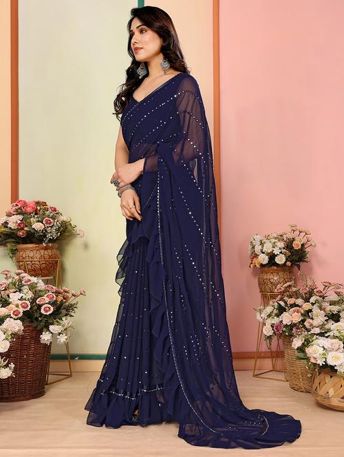 women solid with work ruffle saree with blouse - 21634488 - Very Small Image - 1