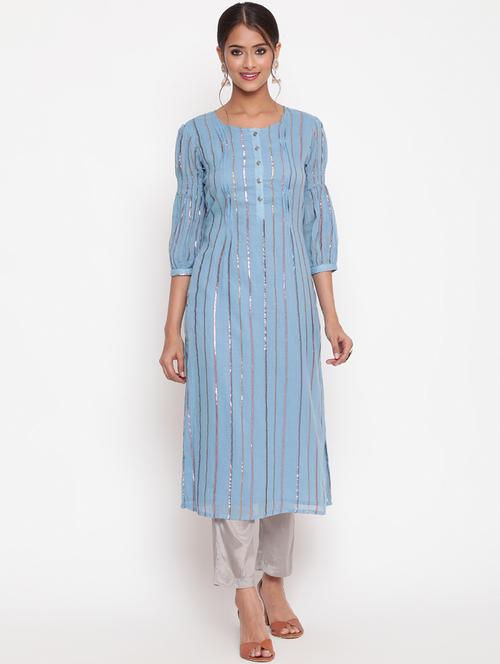 women striped three quarter sleeve straight kurta - 21642052 - Very Small Image - 1