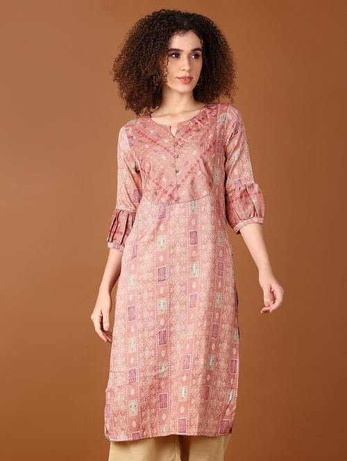 women peach printed notch neck straight kurta - 21642588 - Very Small Image - 1